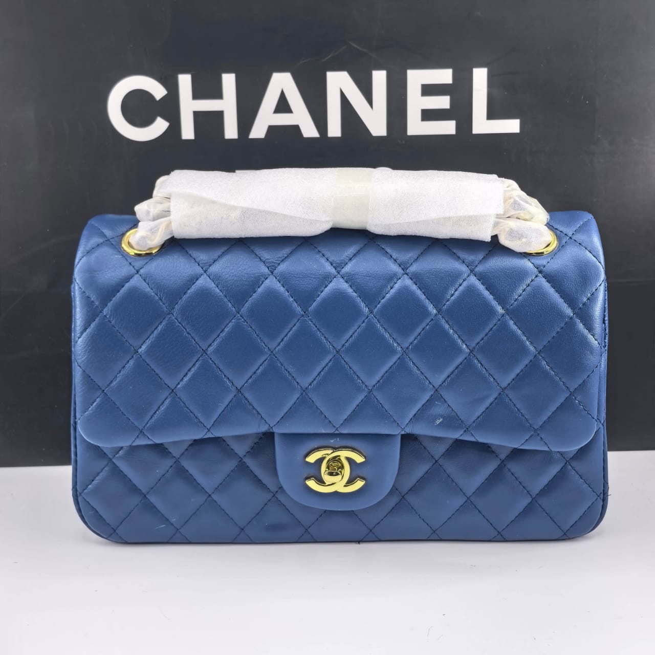 Classic Medium Smooth Leather Double Flap Bag Navy Blue 25cm Classic Bag