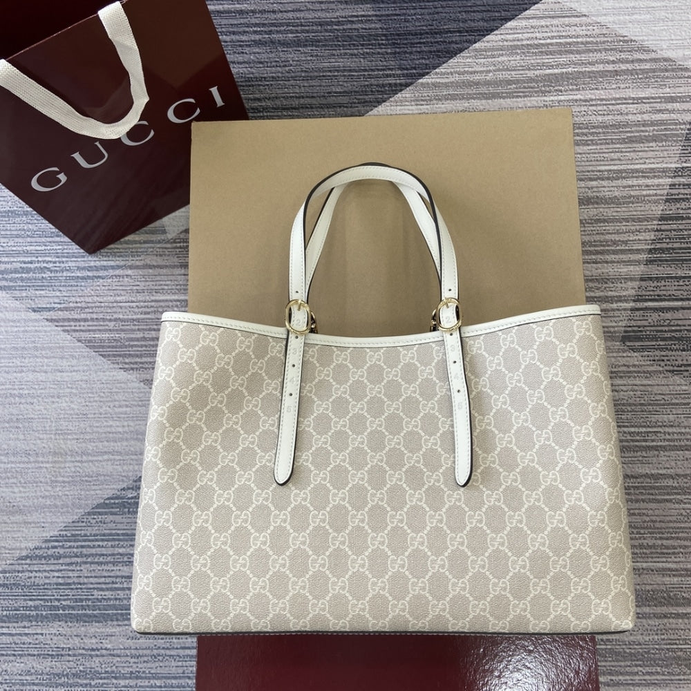 GG Emblem Large GG Monogram Canvas Tote Bag Beige And White 38cm 815213 FAD6l 9641 Emblem Bag
