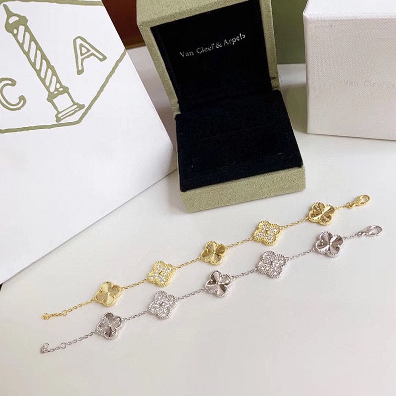 18K Celestial Vintage Alhambra Five Motifs Diamonds Clover Bracelet