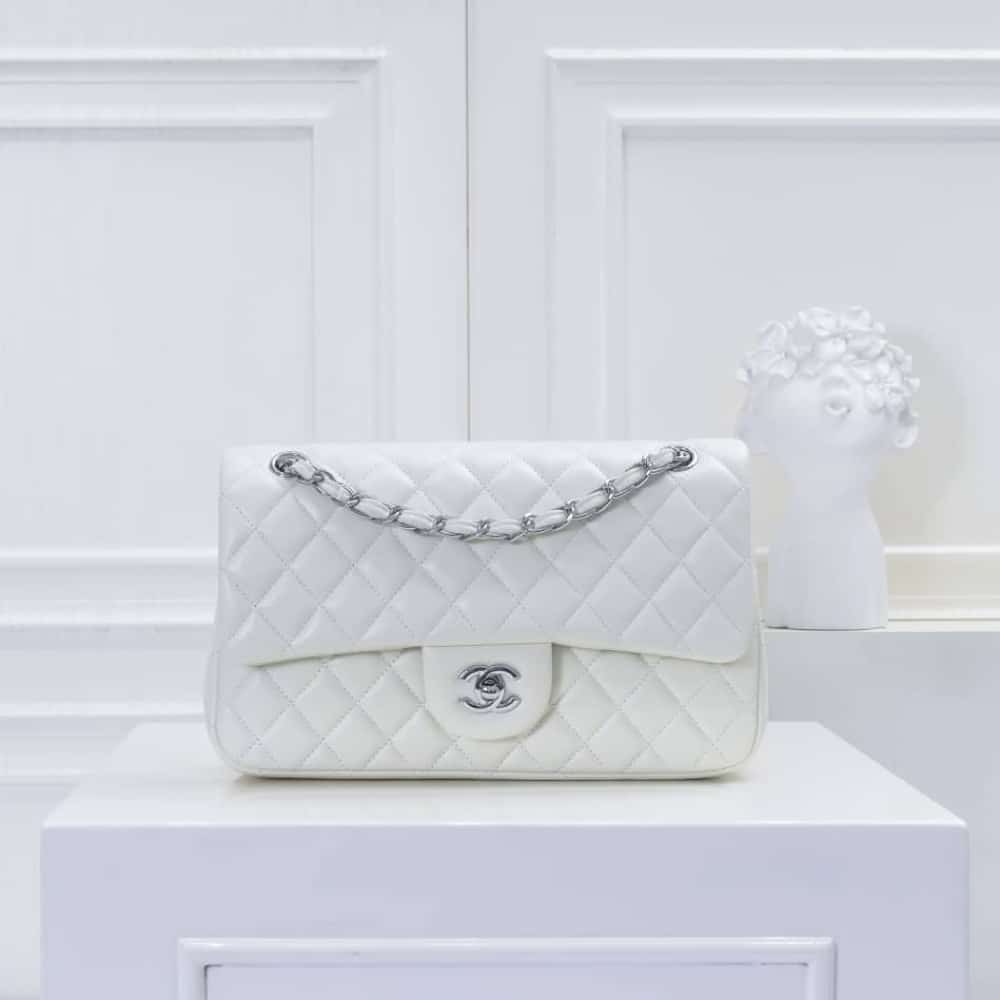 Classic Medium Smooth Leather Double Flap Bag White 25cm 22 New Collection Bag Flap Bag