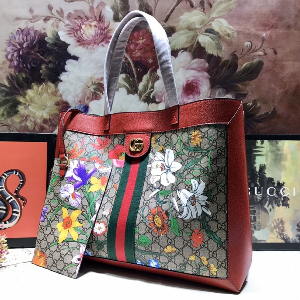 Ophidia Medium GG Flora Print Supreme Canvas Tote Bag Dark Red 44cm 547947 HWHAC 8722 OPHIDIA Bag