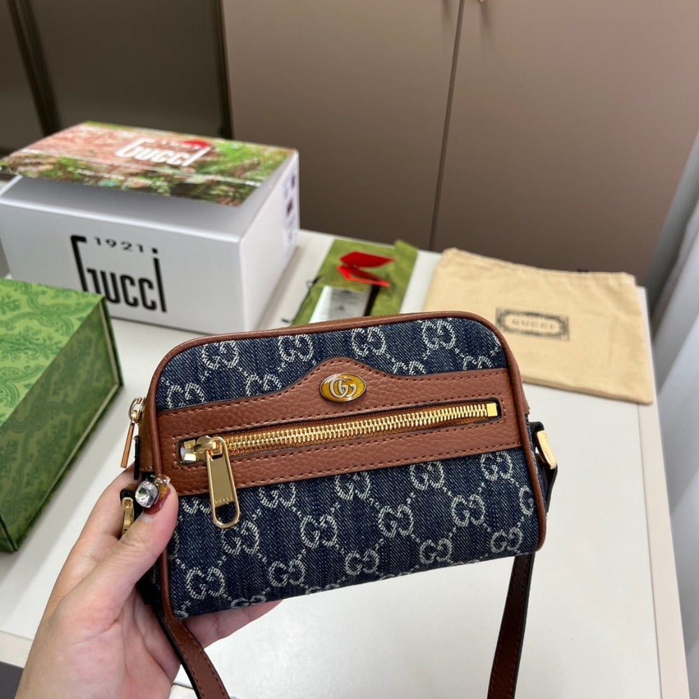 Ophidia Mini GG Denim Monogram Shoulder Bag Blue And Brown 17Cm 517350 2KQGG 8375 OPHIDIA Bag