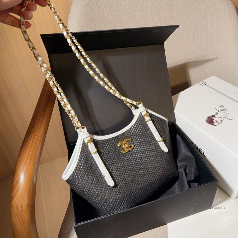 Shopping Bag Small Braided Raffia Tote Bag Black White 18cm AS6015 B22594 U5559 22 New Collection Bag Shopping Bag