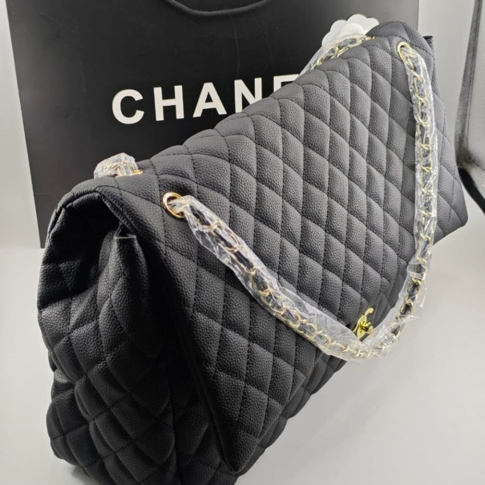 Classic XXL Large Grained Leather Flap Bag Black 46cm Classic Bag