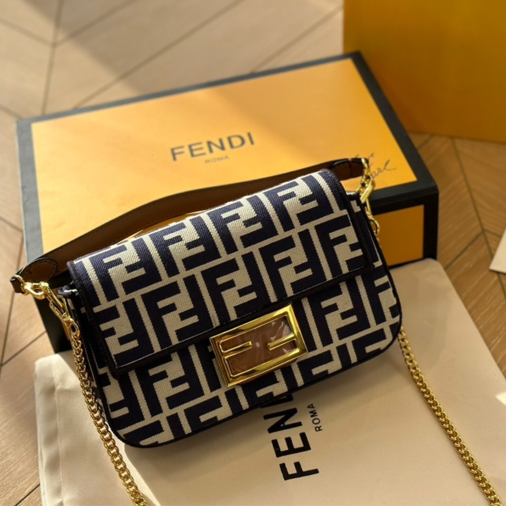 Baguette Mini FF Jacquard Fabric Shoulder Bag Navy Blue 21Cm 22 New Collection Bag Baguette Bag