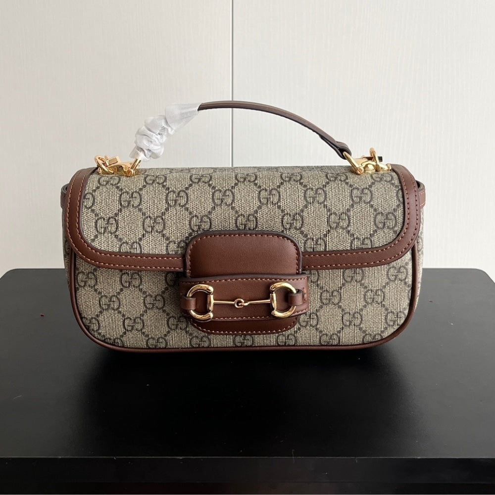 Horsebit 1955 Small GG Monogram Canvas Top Handle Bag Beige And Brown 22Cm Horsebit 1955 Bag