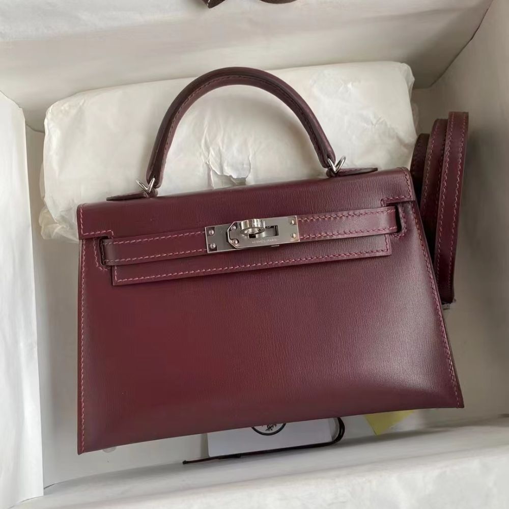 Kelly Leather Silver Tone Hardware Handle Bag Burgundy 19Cm Kelly Bag