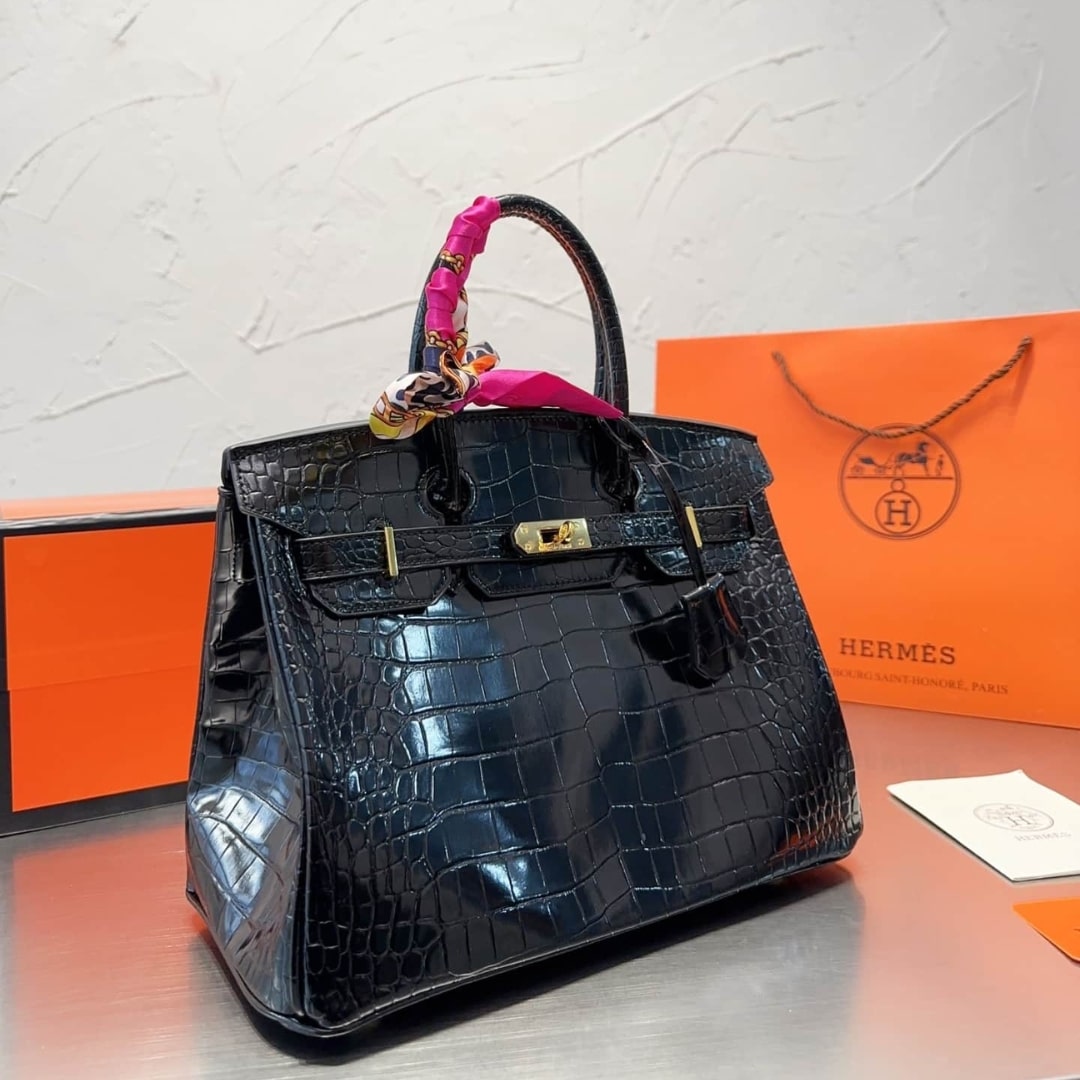 Birkin 30 Shiny Porosus Crocodile Handbag Black Noir 30Cm Birkin Bag