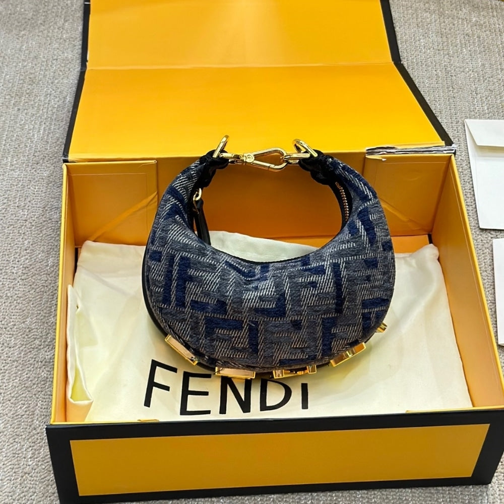 Fendigraphy Mini FF Chenille Hobo Bag Dark Blue 20Cm 8BS081ASU0F1PQM 22 New Collection Bag Fendigraphy Bag