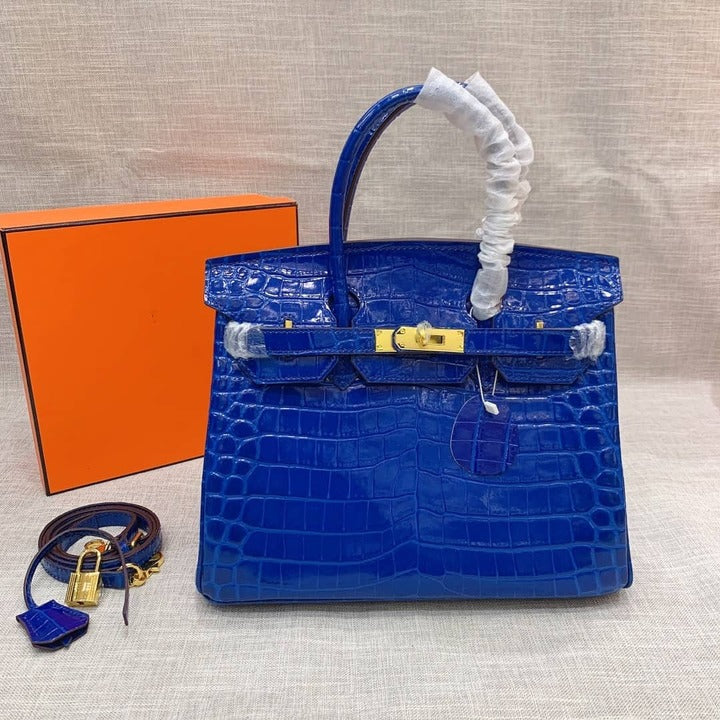 Birkin 30 Crocodile Gold Toned Hardware Handbag Dark Blue 30Cm Birkin Bag