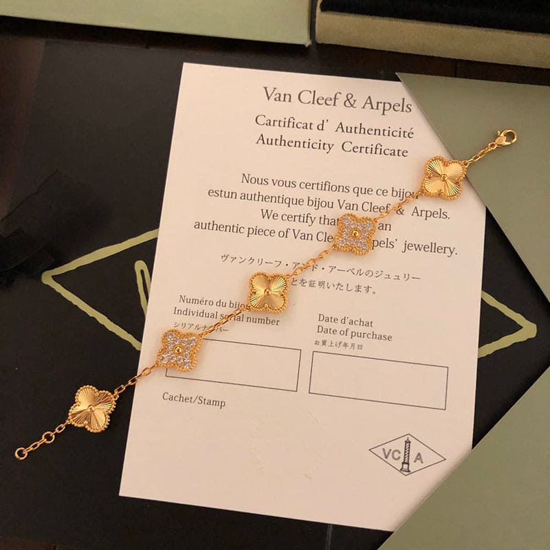 18K Celestial Vintage Alhambra Five Motifs Diamonds Clover Bracelet