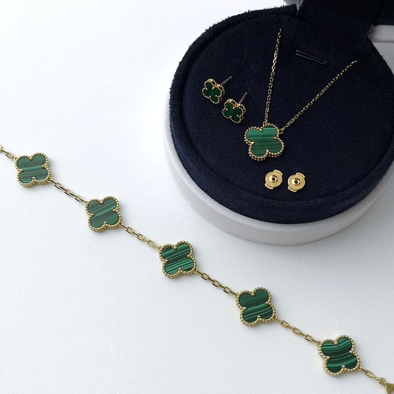 18K Celestial Vintage Alhambra Five Motifs Malachite Clover Bracelet