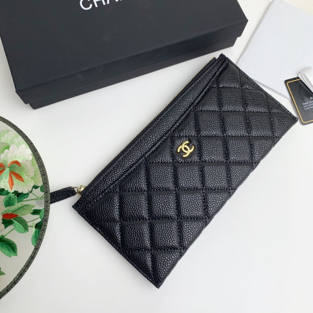 Classic Zip Pouch Grained Leather Wallet Black 22cm Classic Bag