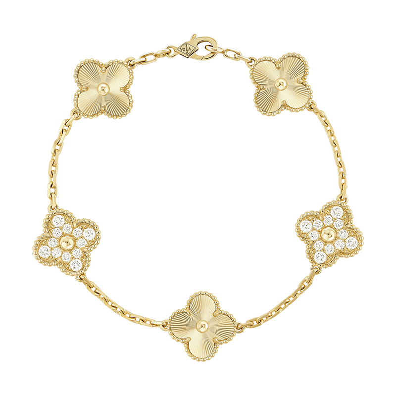 18K Celestial Vintage Alhambra Five Motifs Diamonds Clover Bracelet