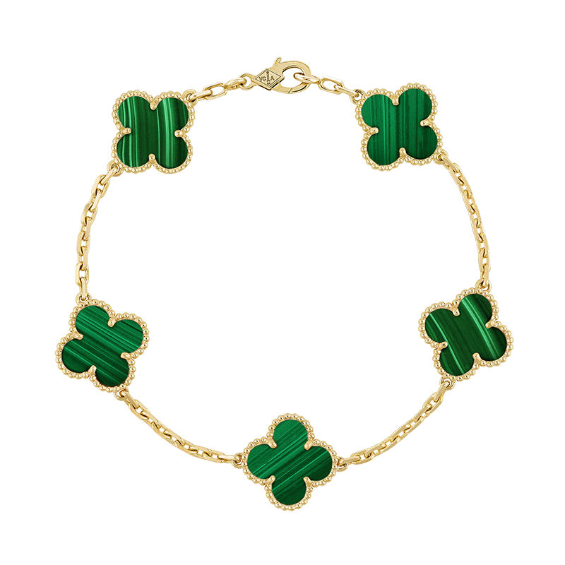 18K Celestial Vintage Alhambra Five Motifs Malachite Clover Bracelet