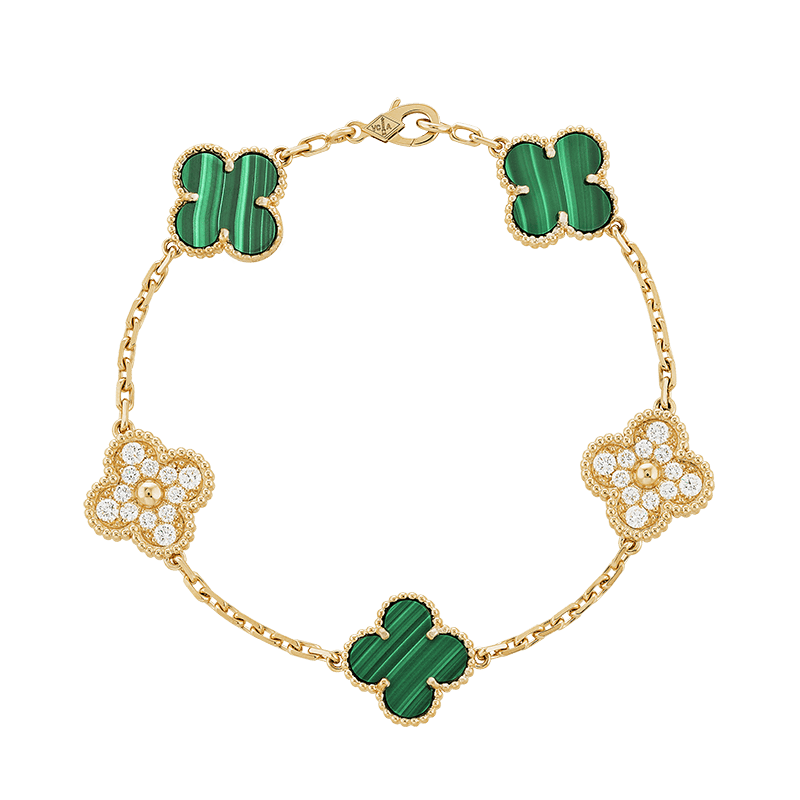 18K Celestial Vintage Alhambra Five Motifs Malachite Diamonds Clover Bracelet