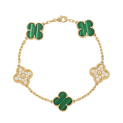 18K Celestial Vintage Alhambra Five Motifs Malachite Diamonds Clover Bracelet