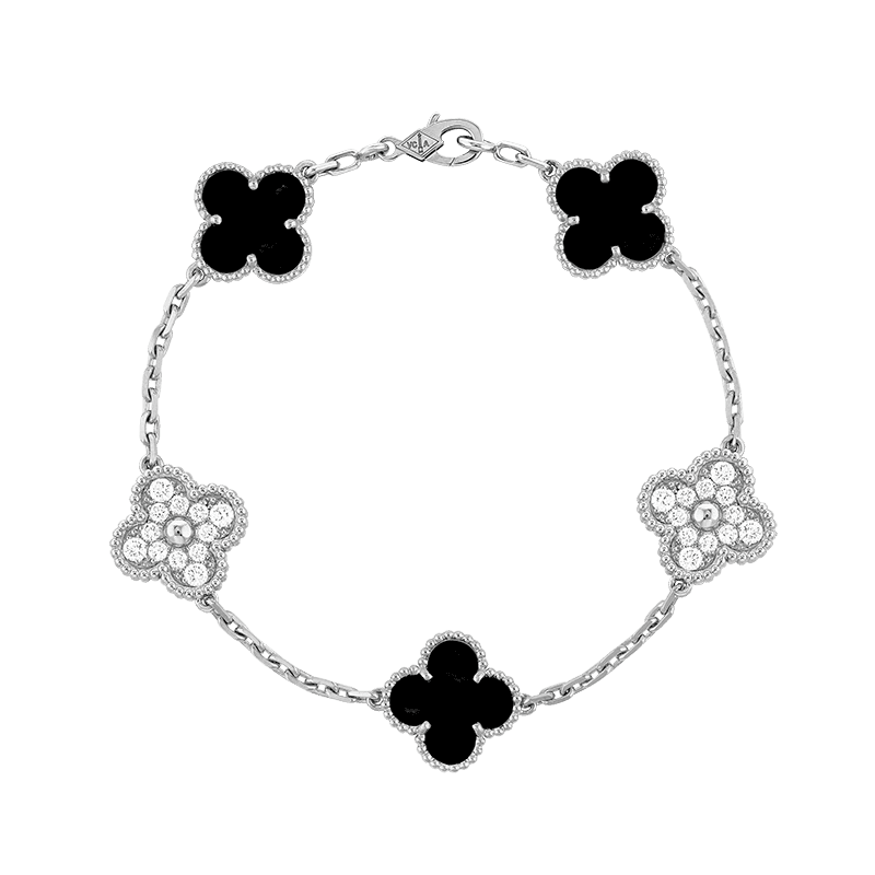 18K Celestial Vintage Alhambra Five Motifs Black Diamonds Clover Bracelet