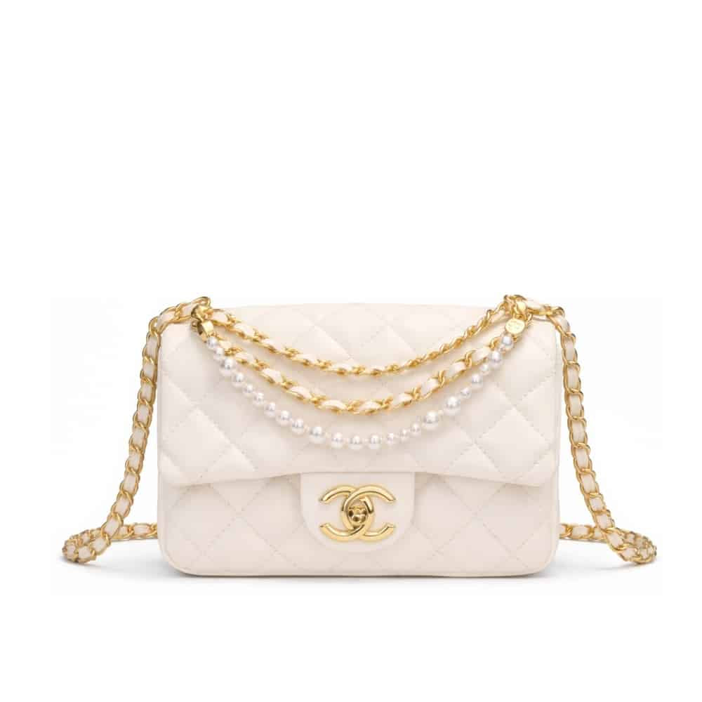 Pearl Mini Smooth Leather Flap Bag White 17cm 22 New Collection Bag Flap Bag