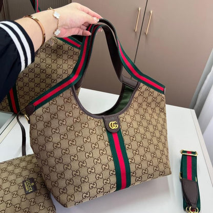 Giglio Small GG Monogram Canvas Tote Bag Beige And Dark Brown 25cm 860845 AAF8L 2547 Giglio Bag