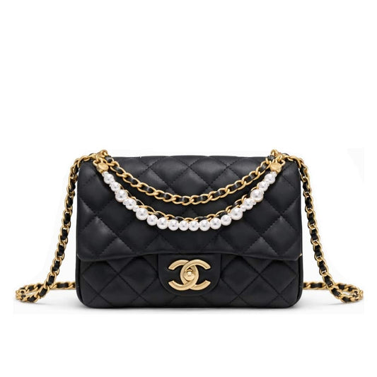 Pearl Mini Smooth Leather Flap Bag Black 17cm 22 New Collection Bag Flap Bag