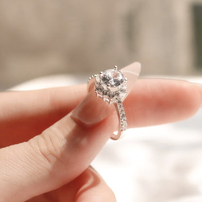 ELVORIA 6mm Moissanite Ten-Petal Flower Ring GRA ELVDA05 – Platinum Plated 925 Sterling Silver