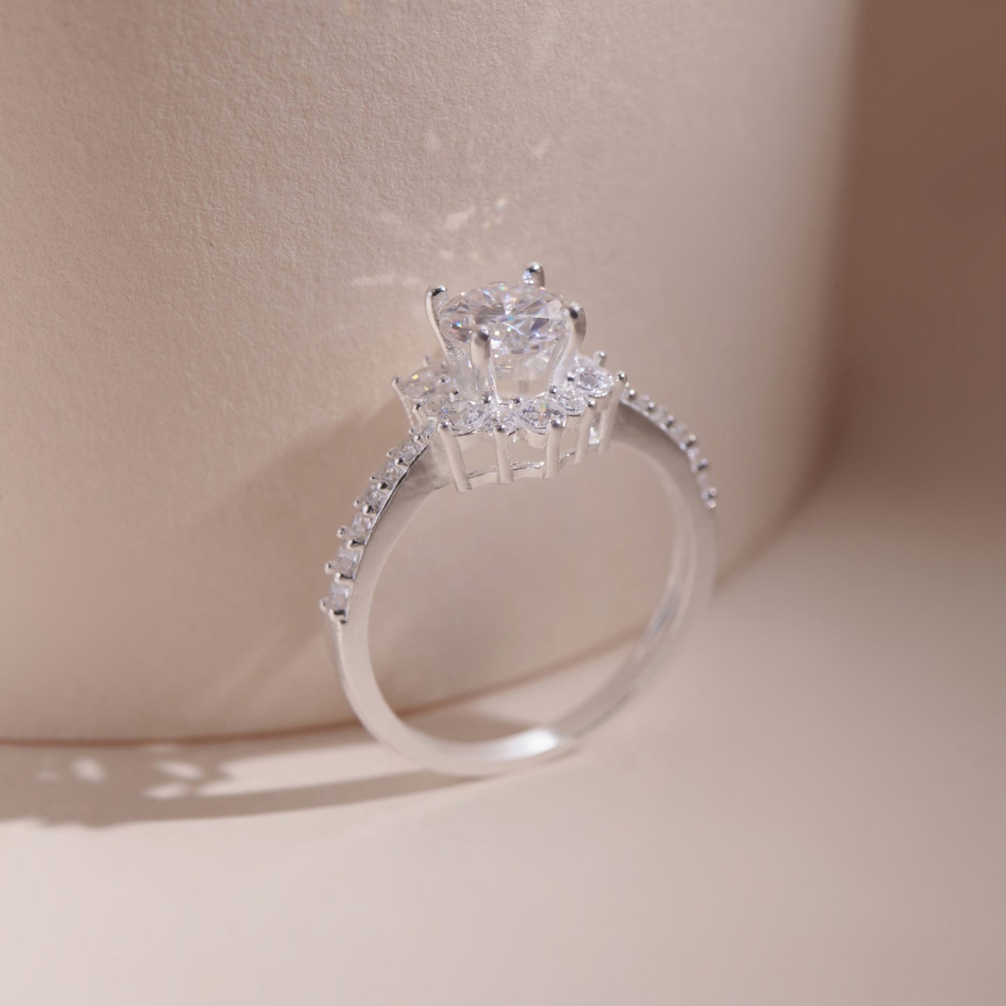 ELVORIA 6mm Moissanite Ten-Petal Flower Ring GRA ELVDA05 – Platinum Plated 925 Sterling Silver