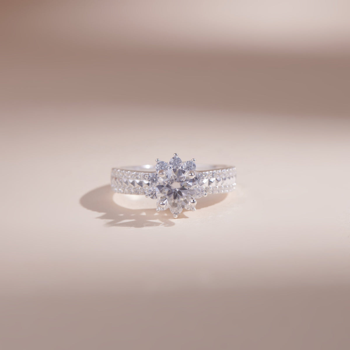 ELVORIA 6mm Moissanite Flower Ring GRA ELVDA07– Platinum Plated 925 Sterling Silver