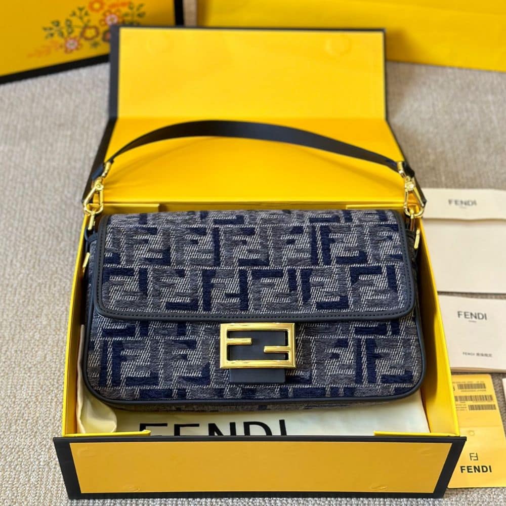 Baguette Medium FF Chenille Shoulder Bag Dark Blue 27Cm 22 New Collection Bag Baguette Bag
