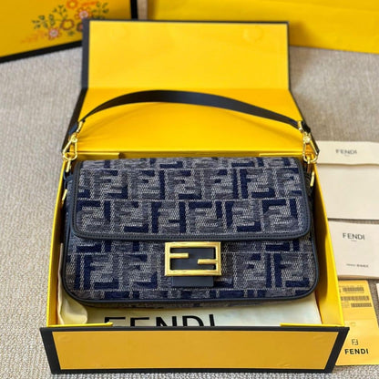 Baguette Medium FF Chenille Shoulder Bag Dark Blue 27Cm 22 New Collection Bag Baguette Bag