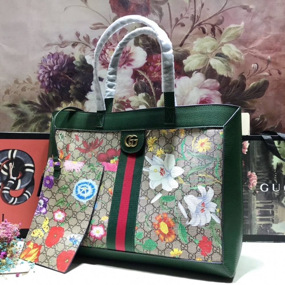 Ophidia Medium GG Flora Print Supreme Canvas Tote Bag Dark Green 44cm 547947 HWHAE 8709 OPHIDIA Bag
