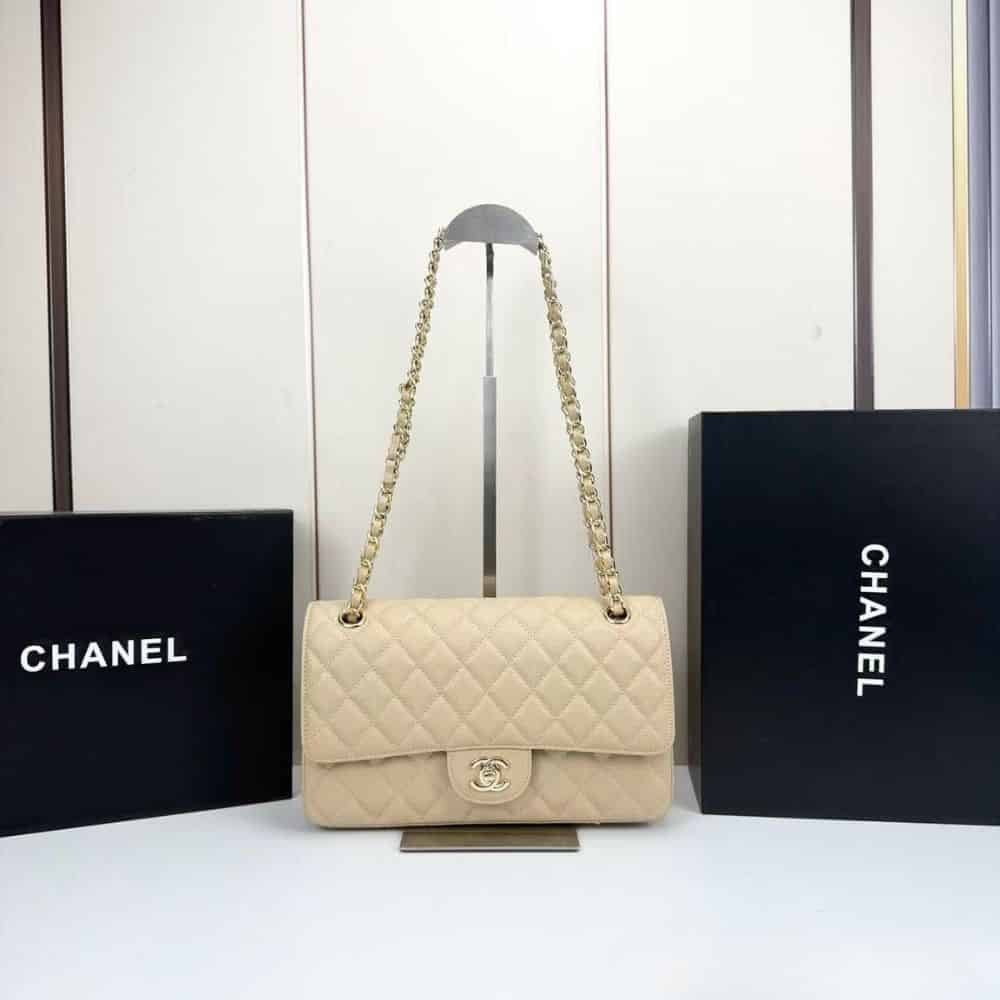 Classic Medium Grained Leather Double Flap Bag Beige 25cm A01113 Y04059 NZG77 Classic Bag