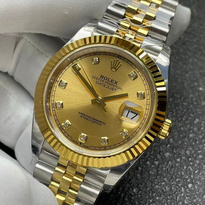 Regency Classic Date 41 mm Five-Link Fluted Bezel Champagne colour set with diamonds Dial 126333 7780