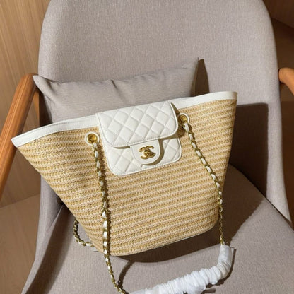Shopping Bag Small Braided Straw Tote Bag Beige White 26cm 22 New Collection Bag Shopping Bag