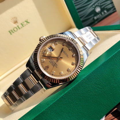 [Super Clone] Regency Classic Date 41 mm Timeless Fluted Bezel Champagne colour set with diamonds Dial 126333 9134