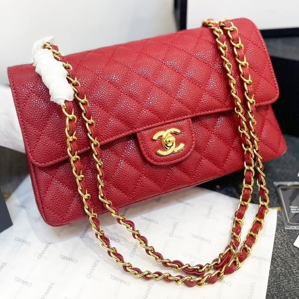 Classic Medium Grained Leather Double Flap Bag Dark Red 26cm Classic Bag