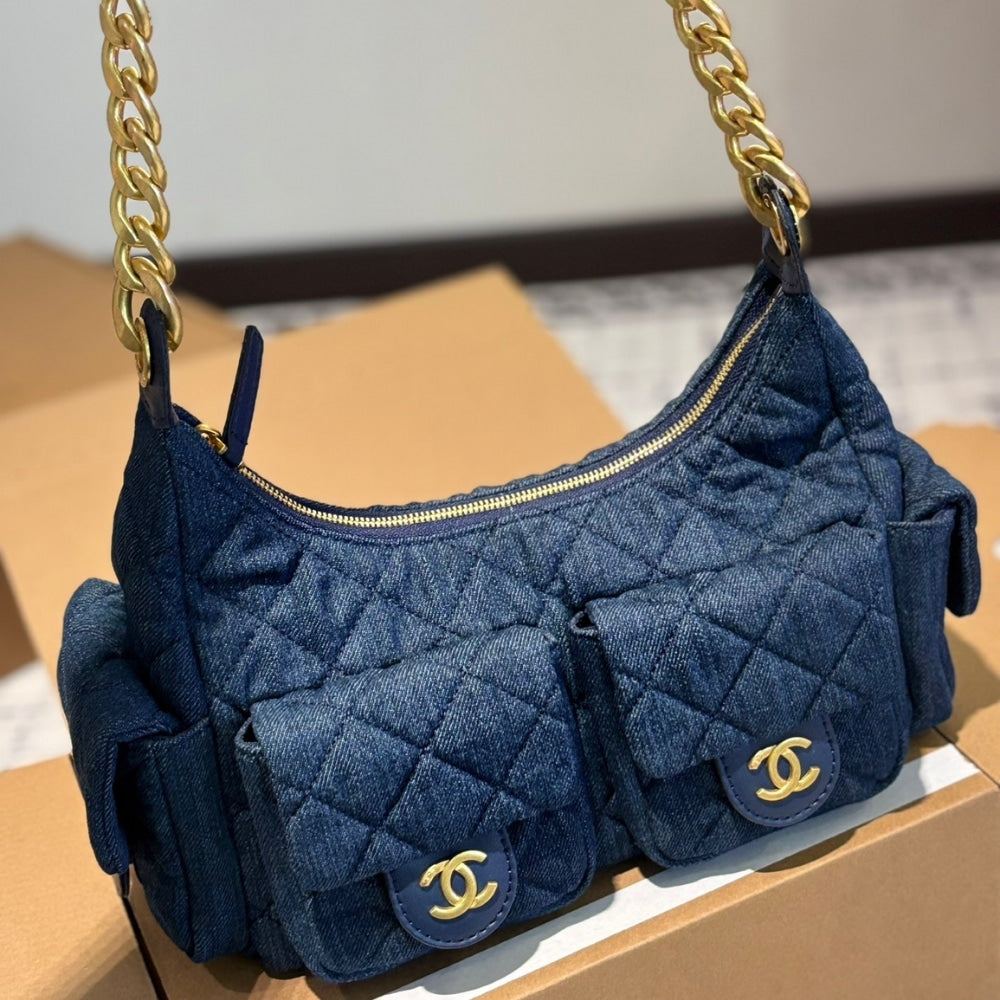 25C Large Washed Denim Hobo Bag Dark Blue 31cm 25 New Collection Bag