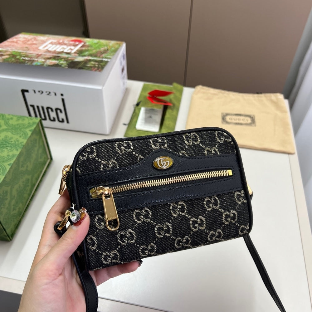 Ophidia Mini GG Denim Monogram Canvas Shoulder Bag Black 17cm OPHIDIA Bag