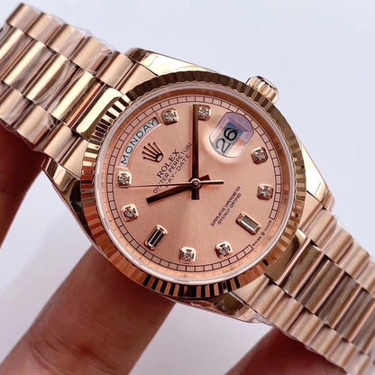 [Super Clone] Regency Weekday 36 mm Weekday Fluted Bezel Rose colour set with diamonds Dial 128235 3443
