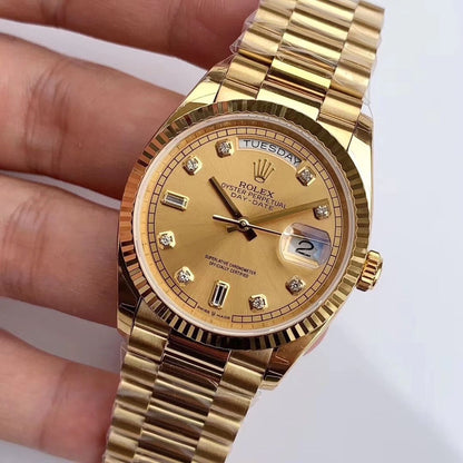 [Super Clone] Regency Weekday 36 mm Weekday Fluted Bezel Champagne colour set with diamonds Dial 128238 2532