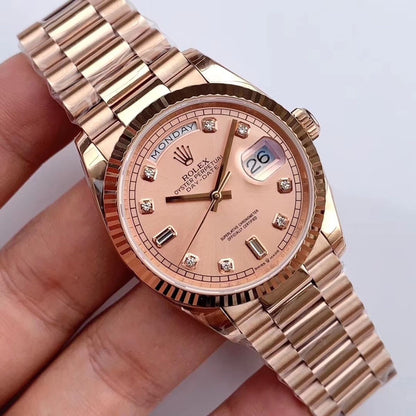 [Super Clone] Regency Weekday 36 mm Weekday Fluted Bezel Rose colour set with diamonds Dial 128235 3443