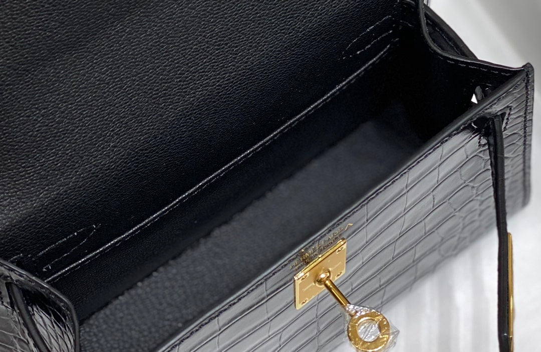Kelly Mini Crocodile Gold-tone Hardware Handbag Black 19Cm Kelly Bag