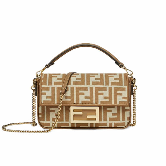 Baguette Mini FF Jacquard Fabric Shoulder Bag Beige 21Cm 22 New Collection Bag Baguette Bag