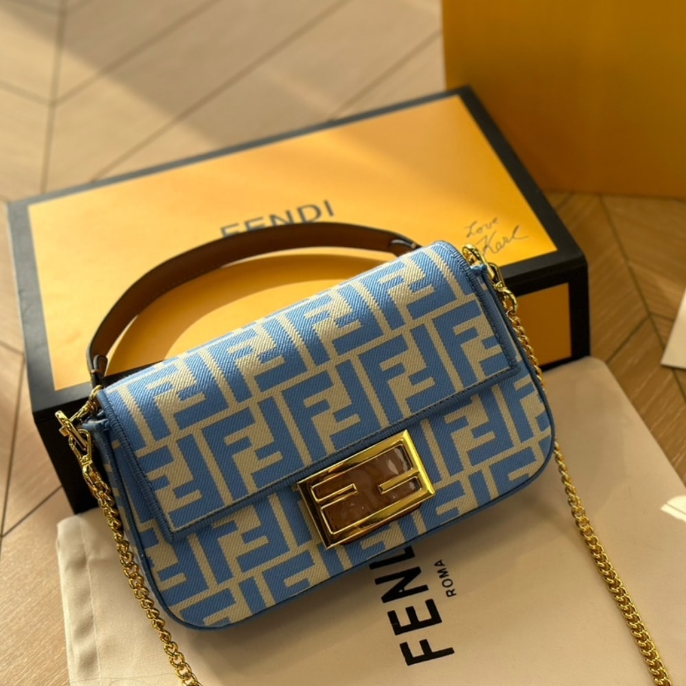 Baguette Mini FF Jacquard Fabric Shoulder Bag Blue 21Cm 22 New Collection Bag Baguette Bag