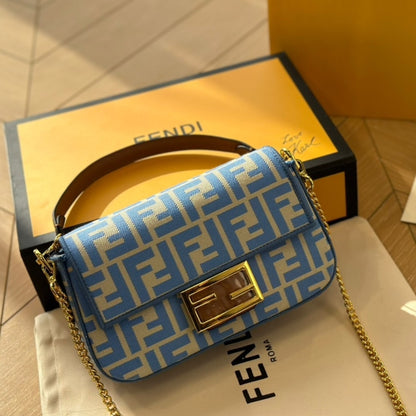 Baguette Mini FF Jacquard Fabric Shoulder Bag Blue 21Cm 22 New Collection Bag Baguette Bag