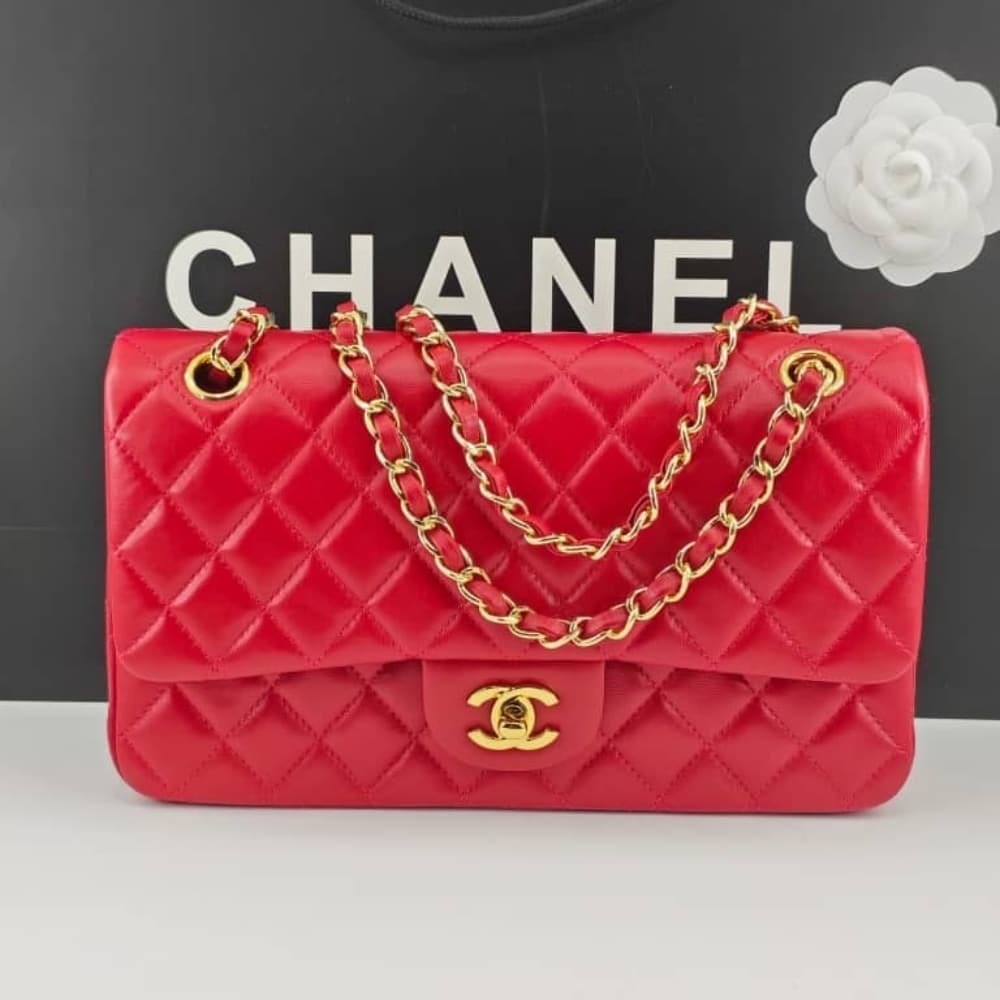 Classic Medium Smooth Leather Double Flap Bag Red 25cm Classic Bag
