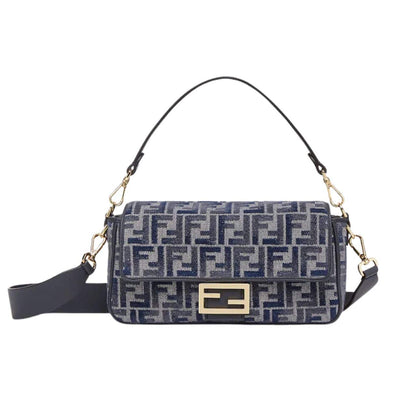 Baguette Medium FF Chenille Shoulder Bag Dark Blue 27Cm 22 New Collection Bag Baguette Bag