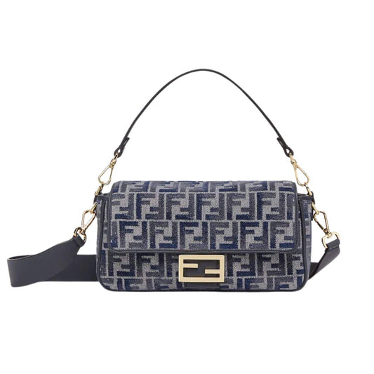 Baguette Medium FF Chenille Shoulder Bag Dark Blue 27Cm 22 New Collection Bag Baguette Bag
