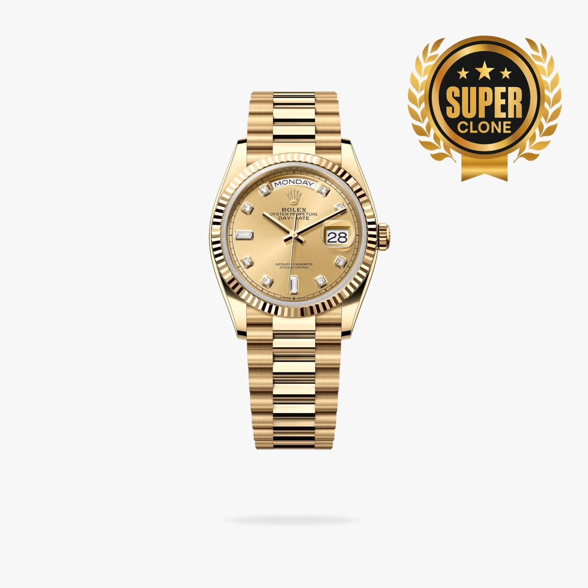 [Super Clone] Regency Weekday 36 mm Weekday Fluted Bezel Champagne colour set with diamonds Dial 128238 2532