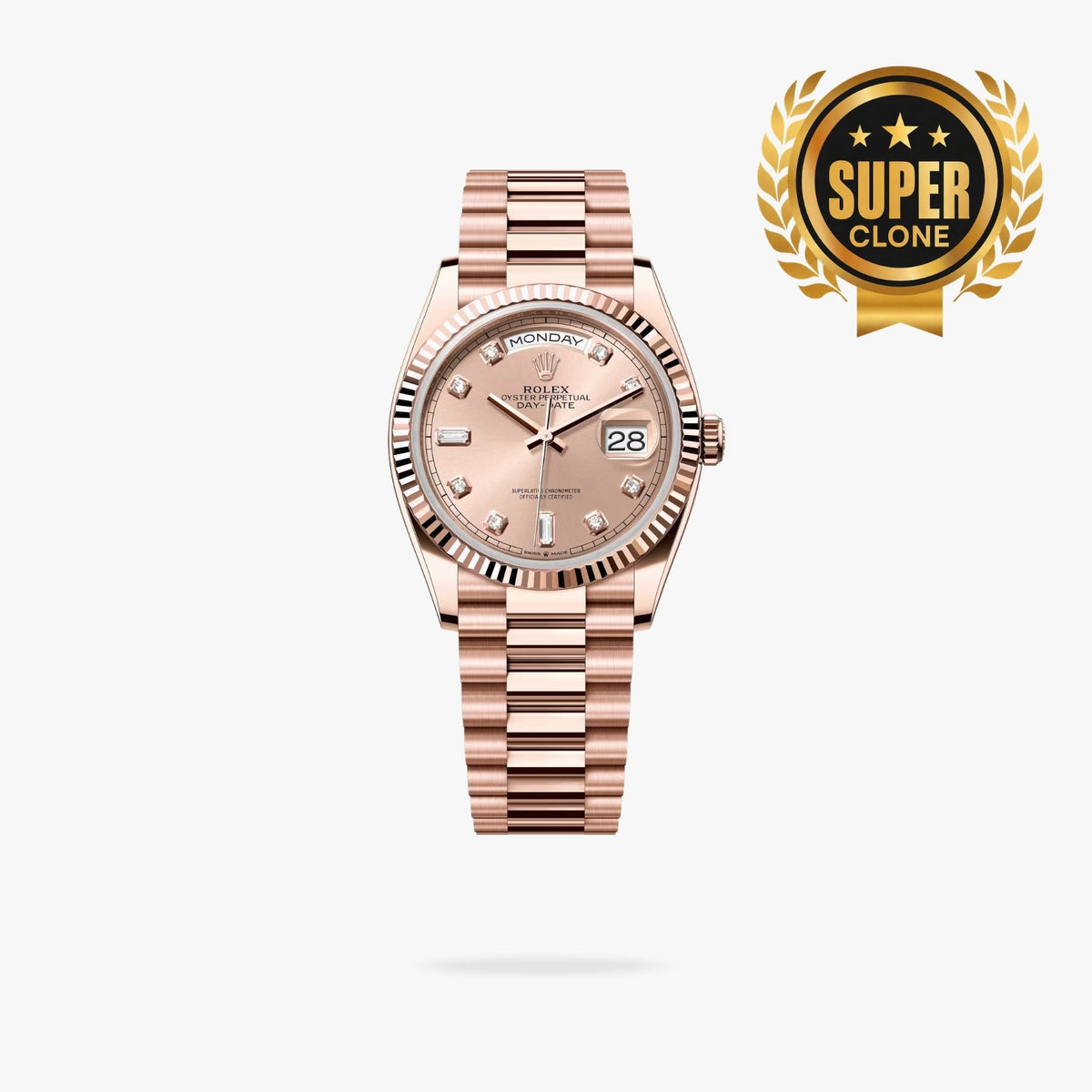 [Super Clone] Regency Weekday 36 mm Weekday Fluted Bezel Rose colour set with diamonds Dial 128235 3443